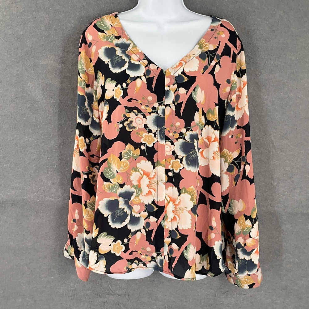 LOFT Top Womens Sz M Floral Print V Neck Long Sleeve Blouse Career Office Casual